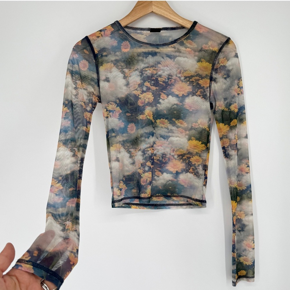 Urban Outfitters Sheer Floral Cloud Print Mesh Top S Cottagecore Fairy Ethereal